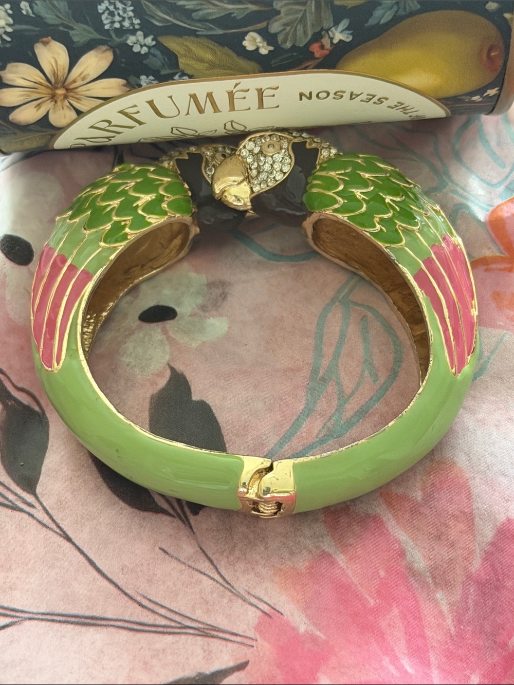 Parrot clamper bracelet green enamel black and pink with crystal gorgeous - Picture 10 of 17